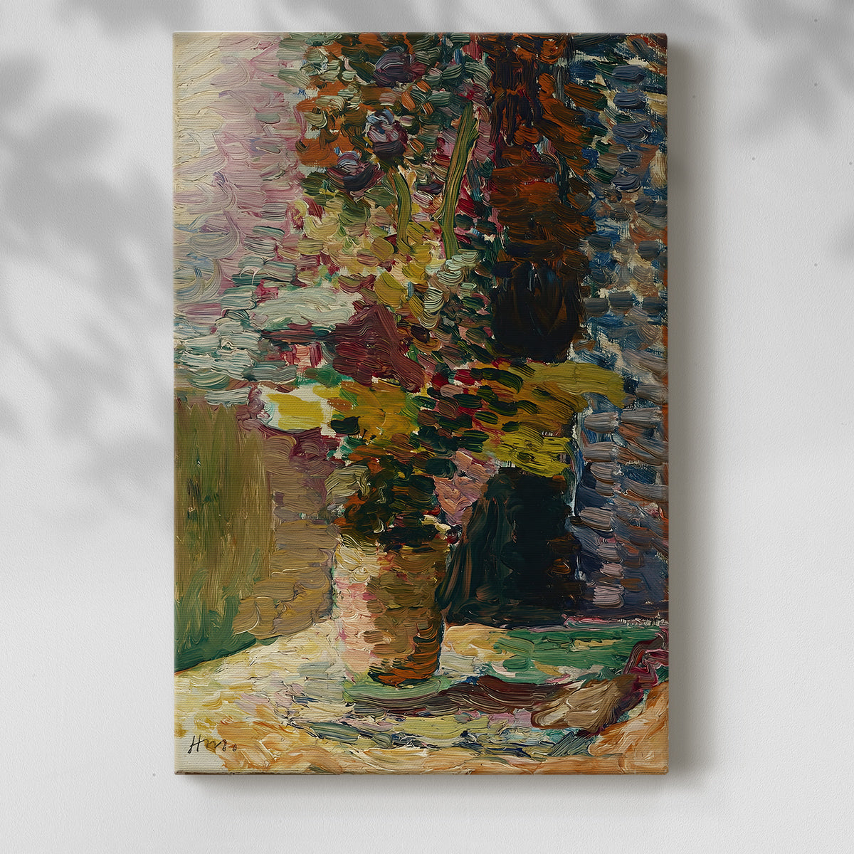 Canvas art print of a floral arrangement with bold tones and loose brushwork with a soft shadow on a white background.