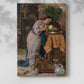 Canvas art print of a narrative composition with figure and ornate setting with a soft shadow on a white background.