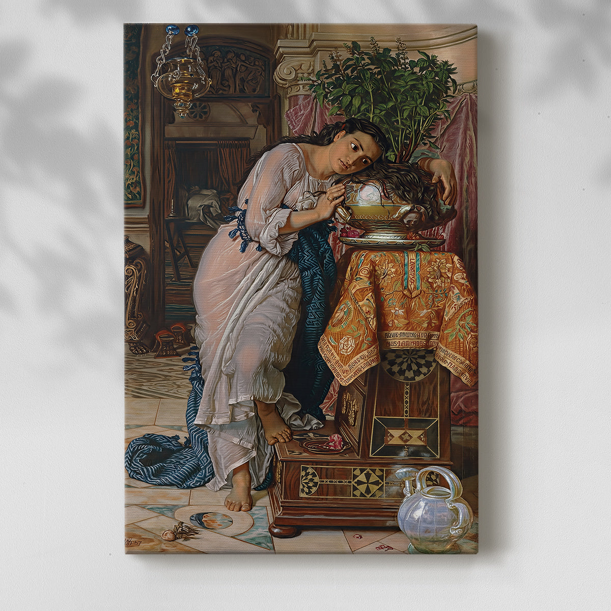 Canvas art print of a narrative composition with figure and ornate setting with a soft shadow on a white background.