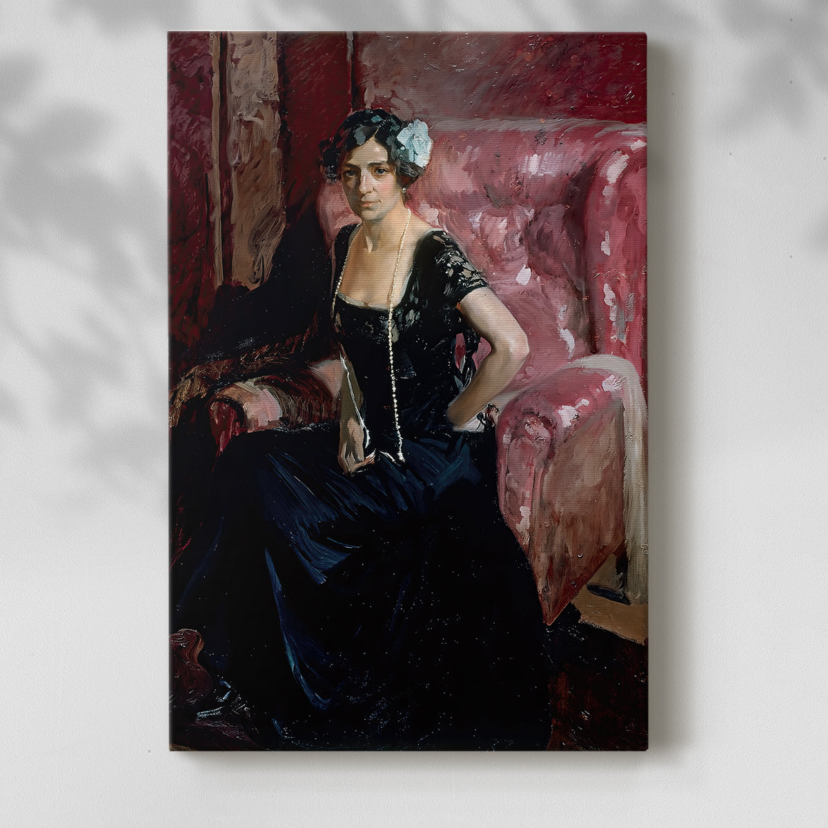 Canvas art print of a refined figure in formal attire with luminous tones with a soft shadow on a white background.