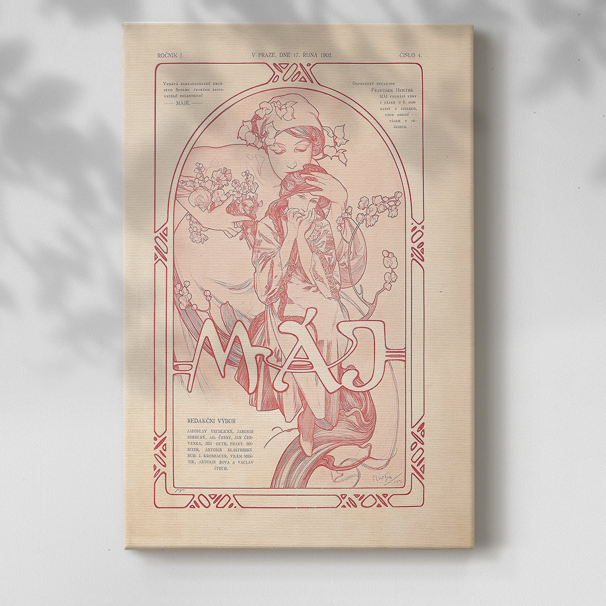 Canvas art print of a stylized female figure surrounded by blossoms and gentle tones with a soft shadow on a white background.
