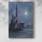 Canvas art print of an industrial landscape with soft light and atmospheric tones with a soft shadow on a white background.
