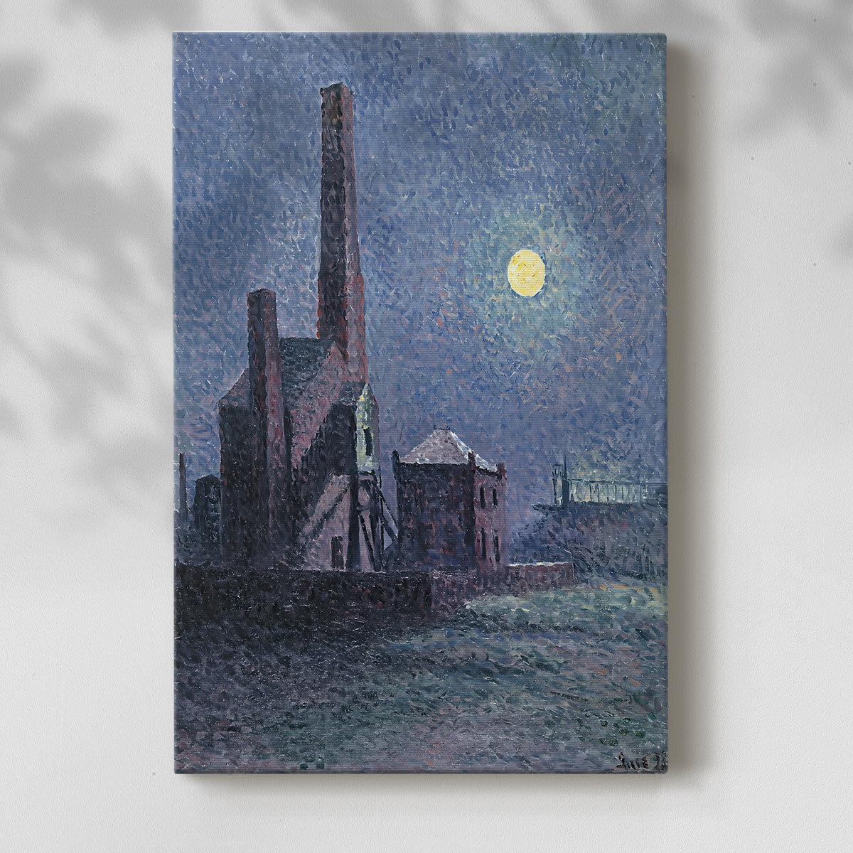 Canvas art print of an industrial landscape with soft light and atmospheric tones with a soft shadow on a white background.