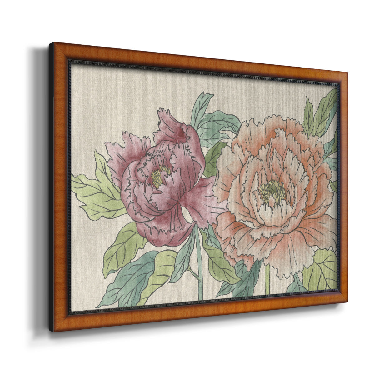 Modern peony floral drawing printed on canvas in an ornate vintage burl wood frame.