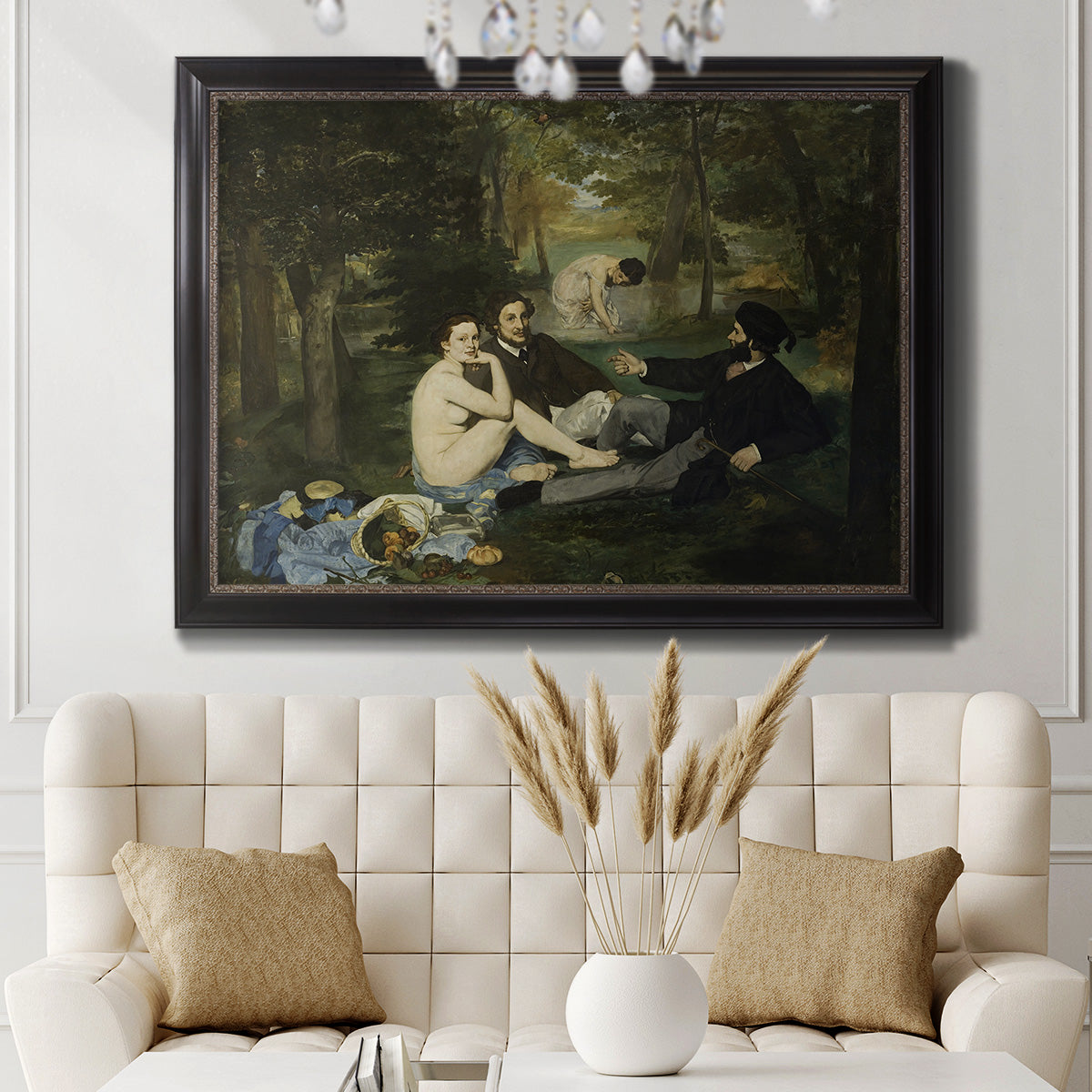 Groundbreaking impressionist picnic scene by Édouard Manet in an ornate black frame with gilded inner detail displayed in a neutral-toned interior setting.