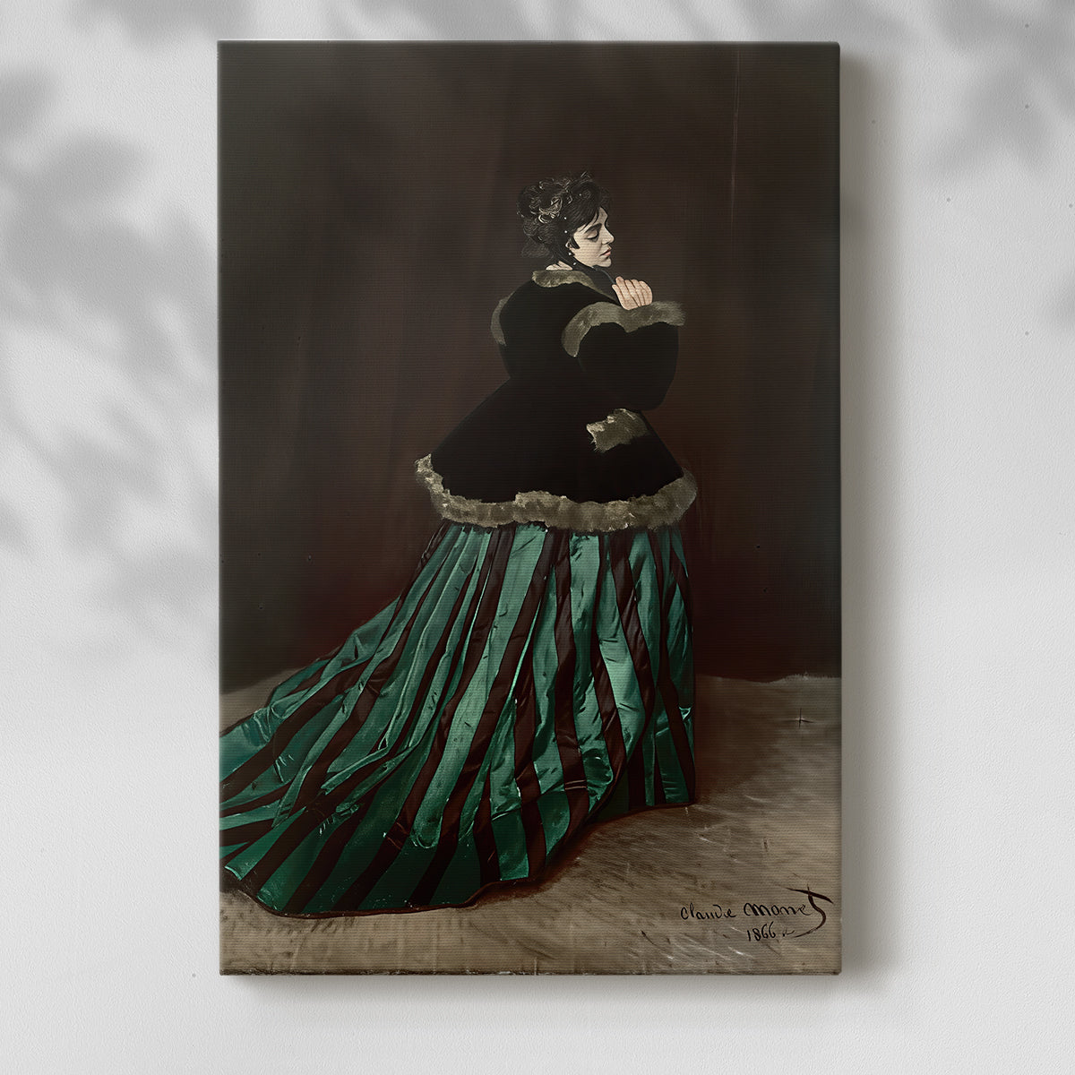 Canvas art print of a figure in an elegant gown with soft light and movement with a soft shadow on a white background.