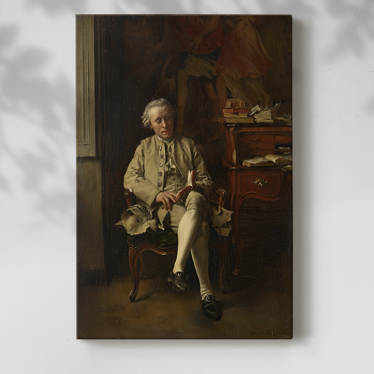 Canvas art print of a quiet figure absorbed in a book with warm tones with a soft shadow on a white background.