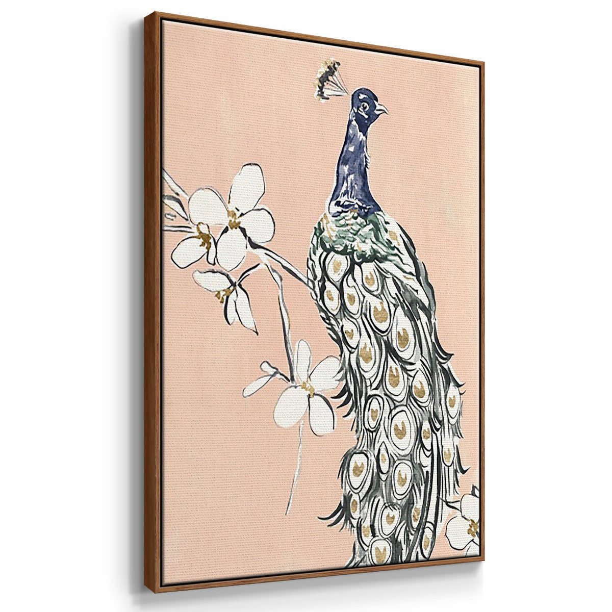 Peacock in Gold I - Framed Premium Gallery Wrapped Canvas L Frame 3 Piece Set - Ready to Hang