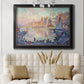 Impressionist Mediterranean harbor painting by Paul Signac in an ornate black frame with gilded inner detail displayed in a neutral-toned interior setting.