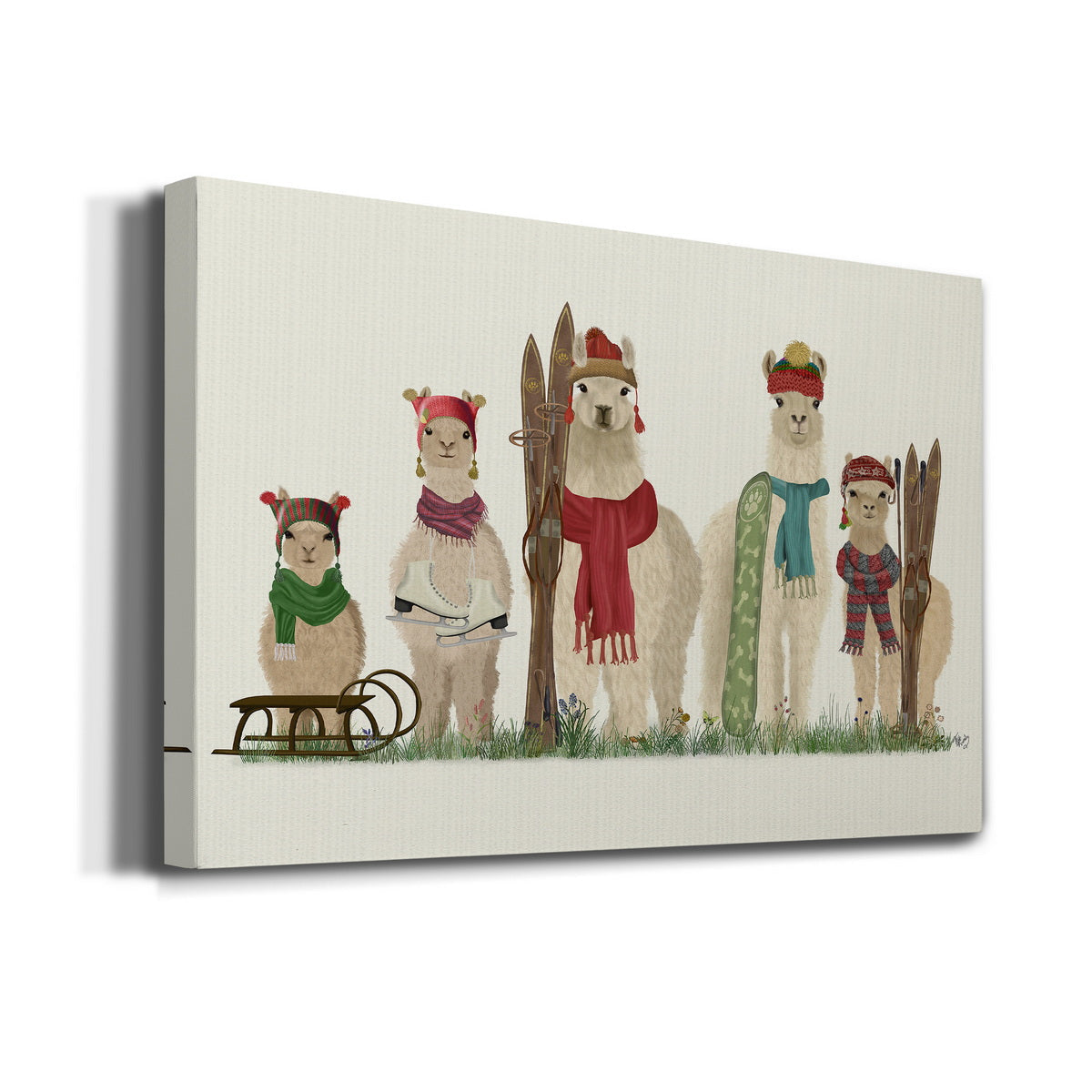 Llama Family Winter Sports - Premium Gallery Wrapped Canvas  - Ready to Hang