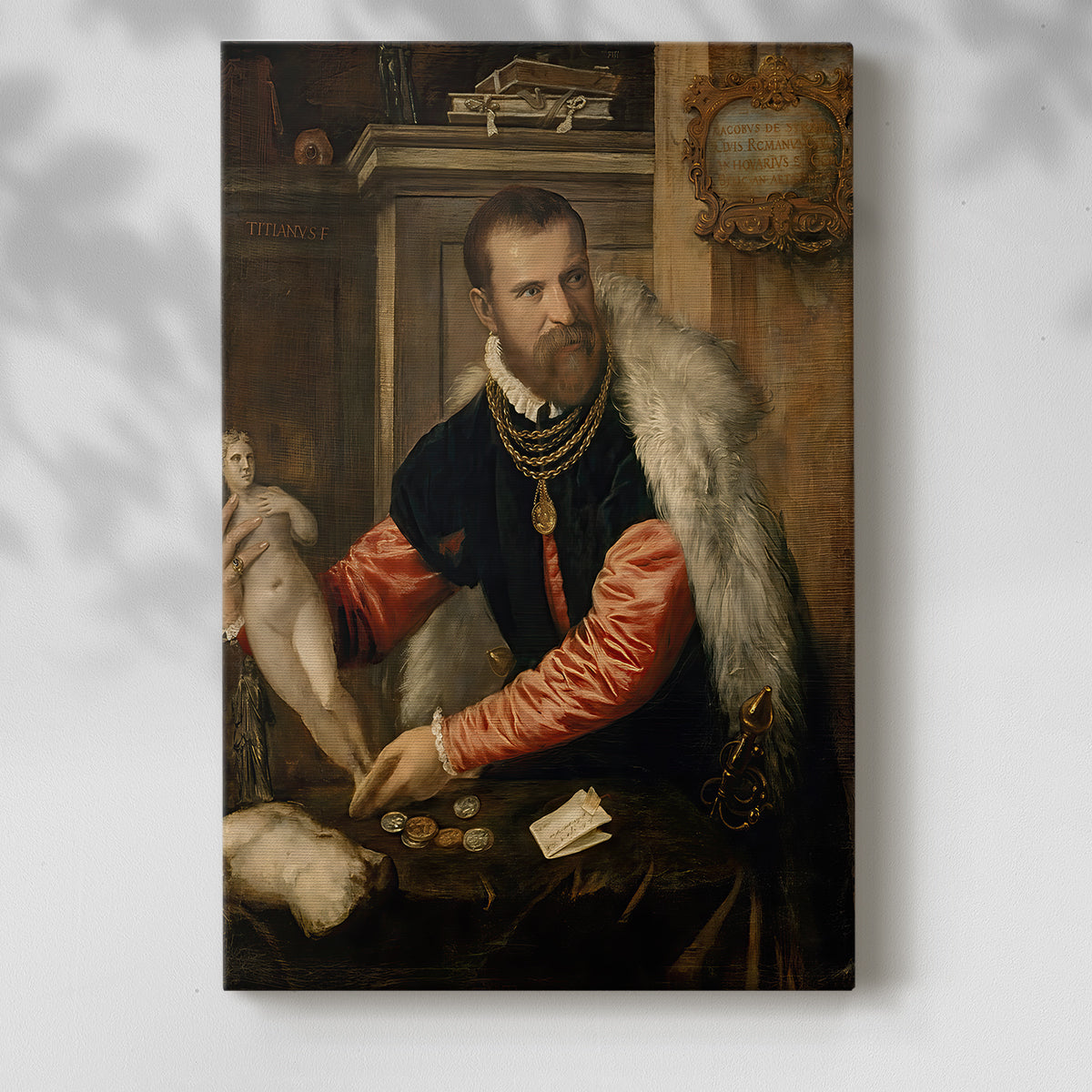Canvas art print of a refined figure with artifacts and warm tones with a soft shadow on a white background.