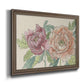 Modern peony floral drawing printed on canvas in an ornate traditional bronze frame.
