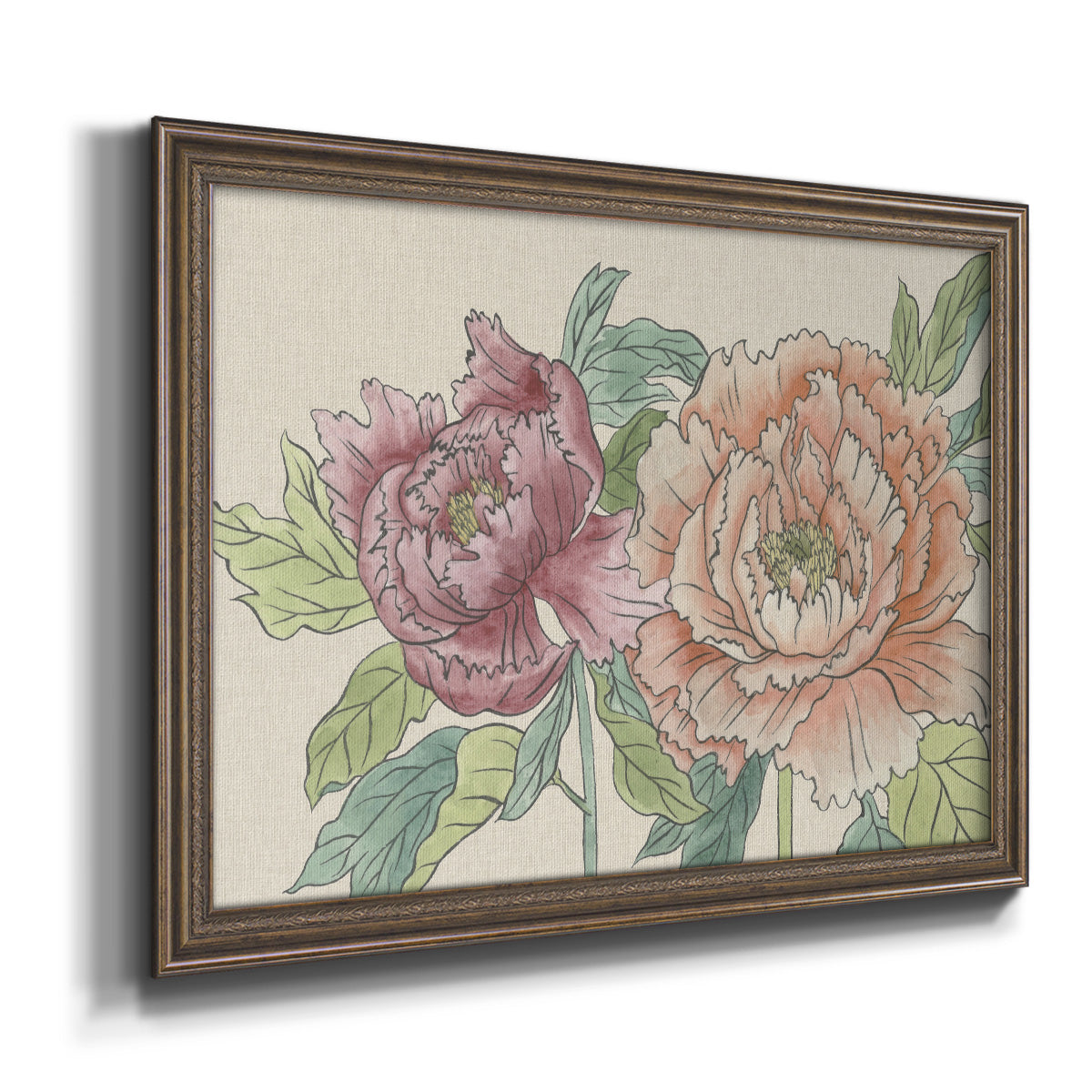 Modern peony floral drawing printed on canvas in an ornate traditional bronze frame.