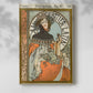 Canvas art print of a vintage advertisement featuring a stylized female figure and text with a soft shadow on a white background.