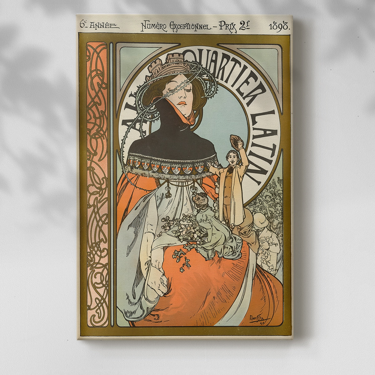 Canvas art print of a vintage advertisement featuring a stylized female figure and text with a soft shadow on a white background.