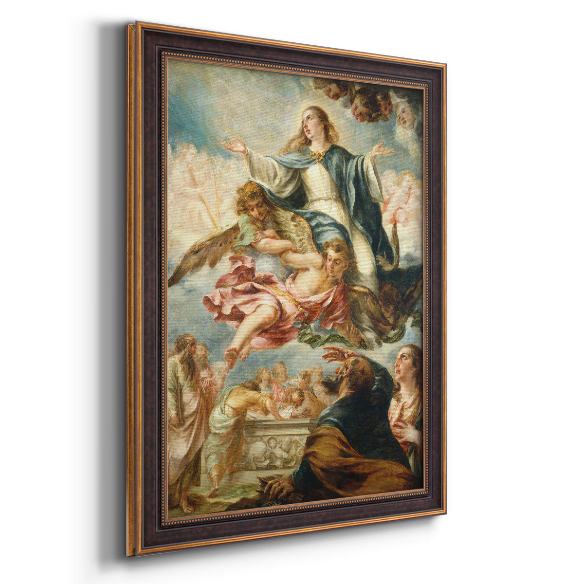 Religious painting of the Assumption of the Virgin Mary by Juan de Valdés Leal printed on canvas in an ornate bronzed mahogany wood frame with a vertical orientation.