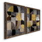 Angled view of a set of two walnut barnwood framed canvas prints featuring two structured modern abstracts featuring interlocking black gray cream and gold geometric sections.