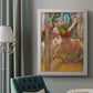 Impressionist ballet dancer composition by Edgar Degas in an ornate weathered white frame displayed in a neutral interior setting.