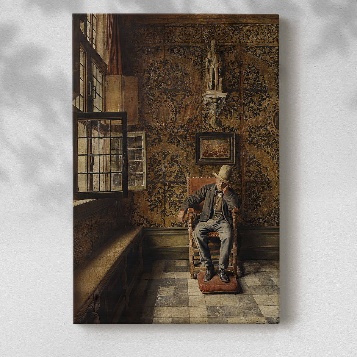 Canvas art print of a solitary figure resting in a quiet setting with a soft shadow on a white background.