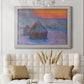 Impressionist haystack scene at sunset by Claude Monet in an ornate weathered white frame displayed in a neutral-toned interior setting.