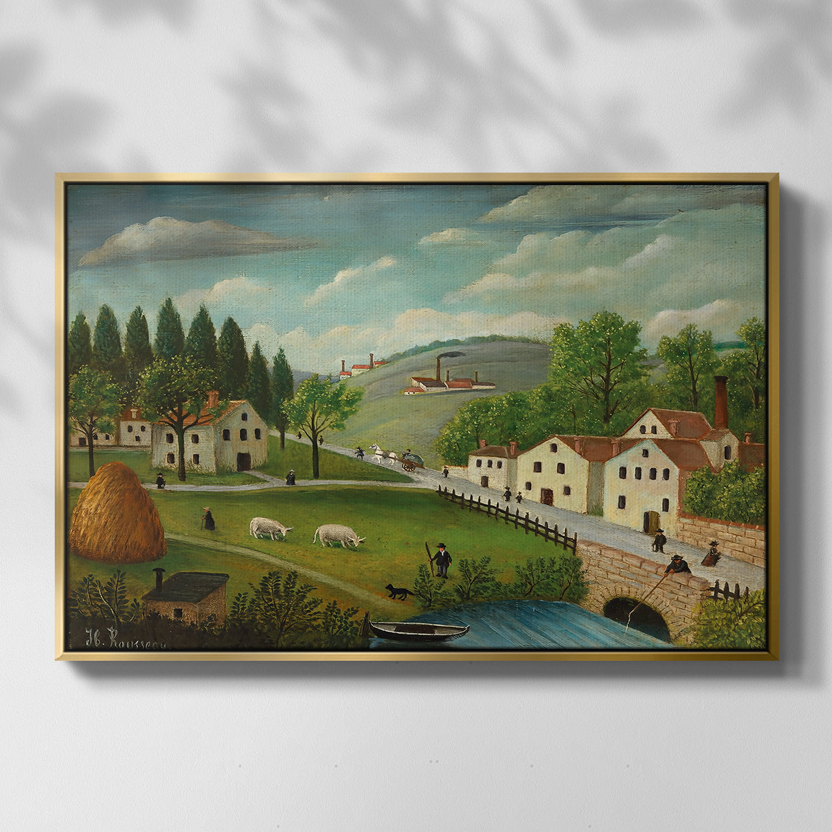 Pastoral Landscape with Stream, Fisherman and Strollers, 1875-1880 - Floater Framed Canvas Print