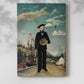 Canvas art print of a figure in formal attire against a decorative outdoor backdrop with a soft shadow on a white background.