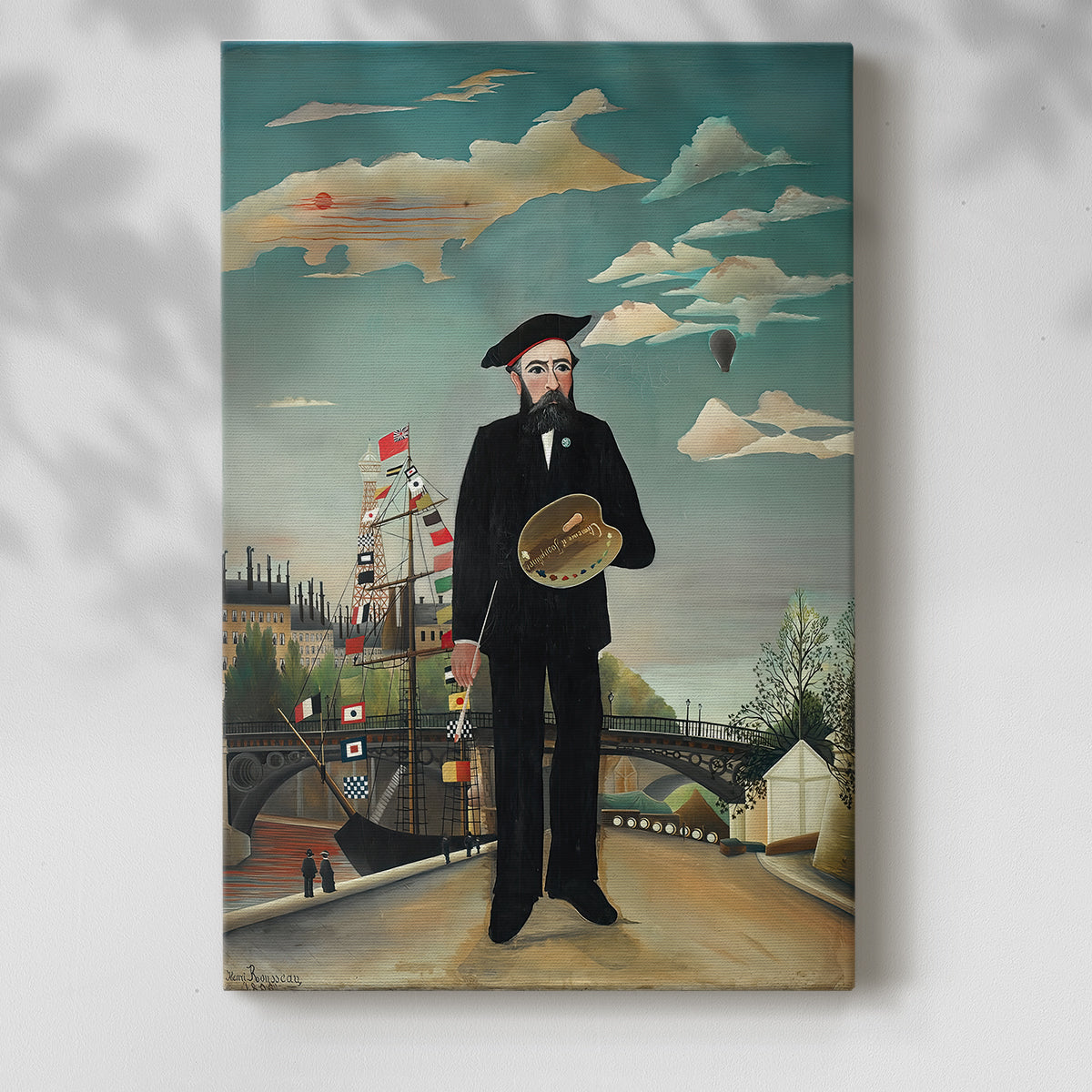 Canvas art print of a figure in formal attire against a decorative outdoor backdrop with a soft shadow on a white background.