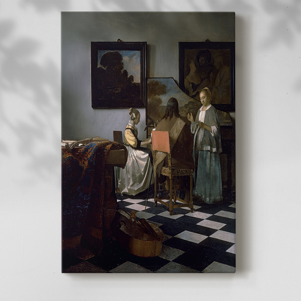 Canvas art print of a composed scene with instruments and gentle interaction with a soft shadow on a white background.