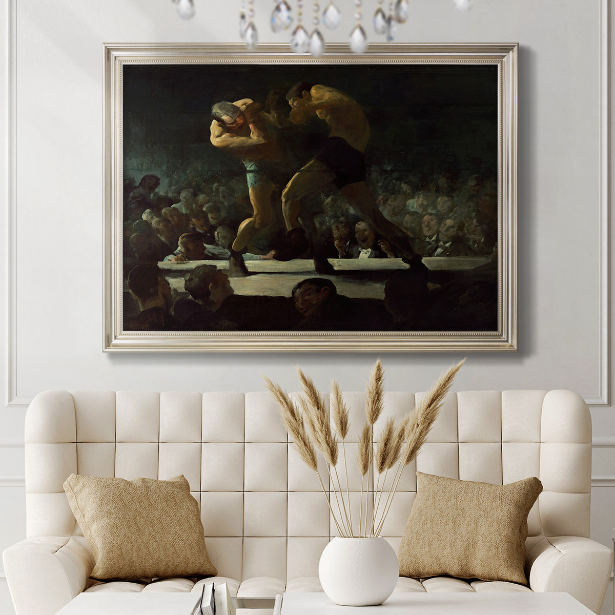 American social club scene painting by George Bellows in an ornate champagne frame displayed in a neutral-toned interior setting.