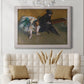 Impressionist portrait of a seated woman by Edgar Degas in an ornate weathered white frame displayed in a neutral-toned interior setting.