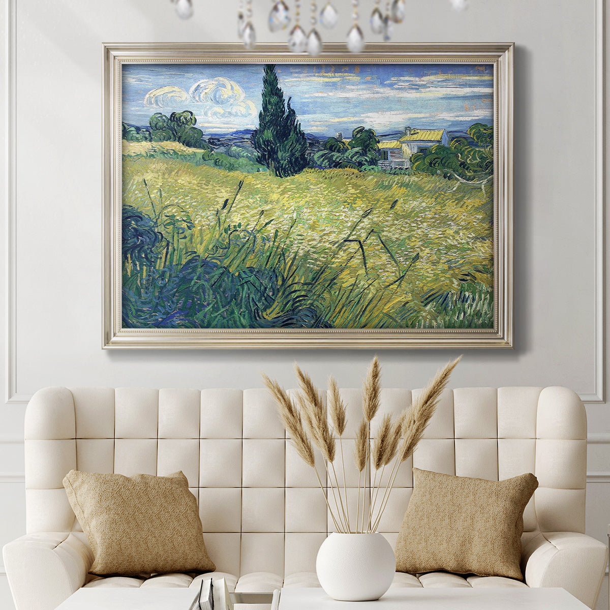 Green Wheat Field with Cypress - Ornate Framed Canvas Print