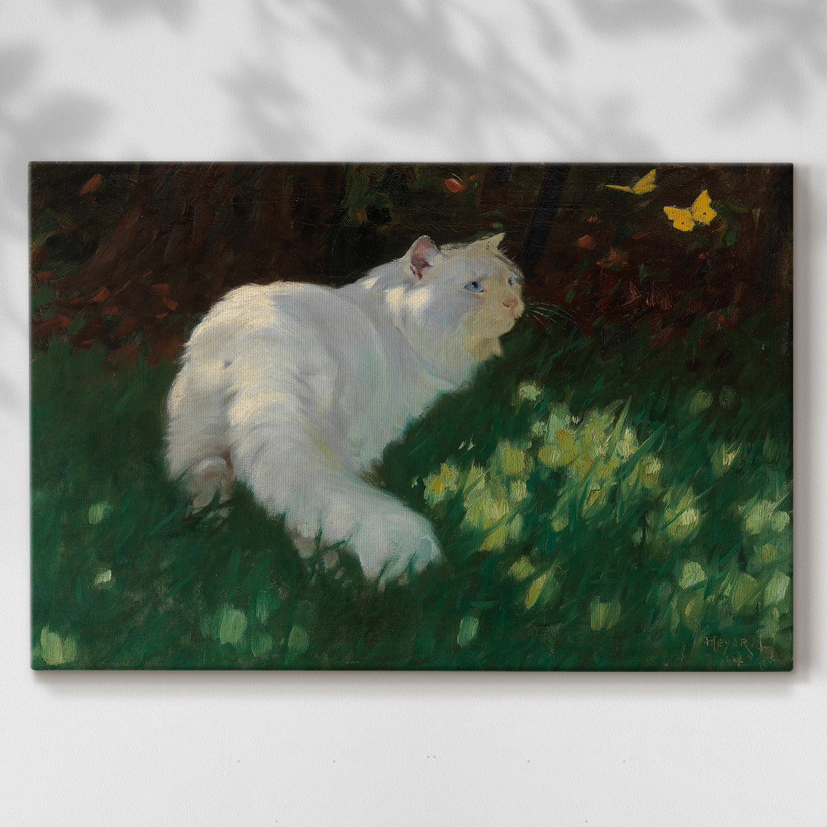 cat,white cat,garden,butterflies,relaxation,sunlight,greenery,flowers,afternoon,outdoor,nature,animal,pet,fluffy,peaceful,yellow,basking,soft,serene,playful,vibrant,sitting,observing,wildlife,tranquility,soft fur,leisure,day,insect,blooming,domestic,scene,colorful,habitat,warm weather,feline,natural light,cute,playful creatures,paws,beauty,grass