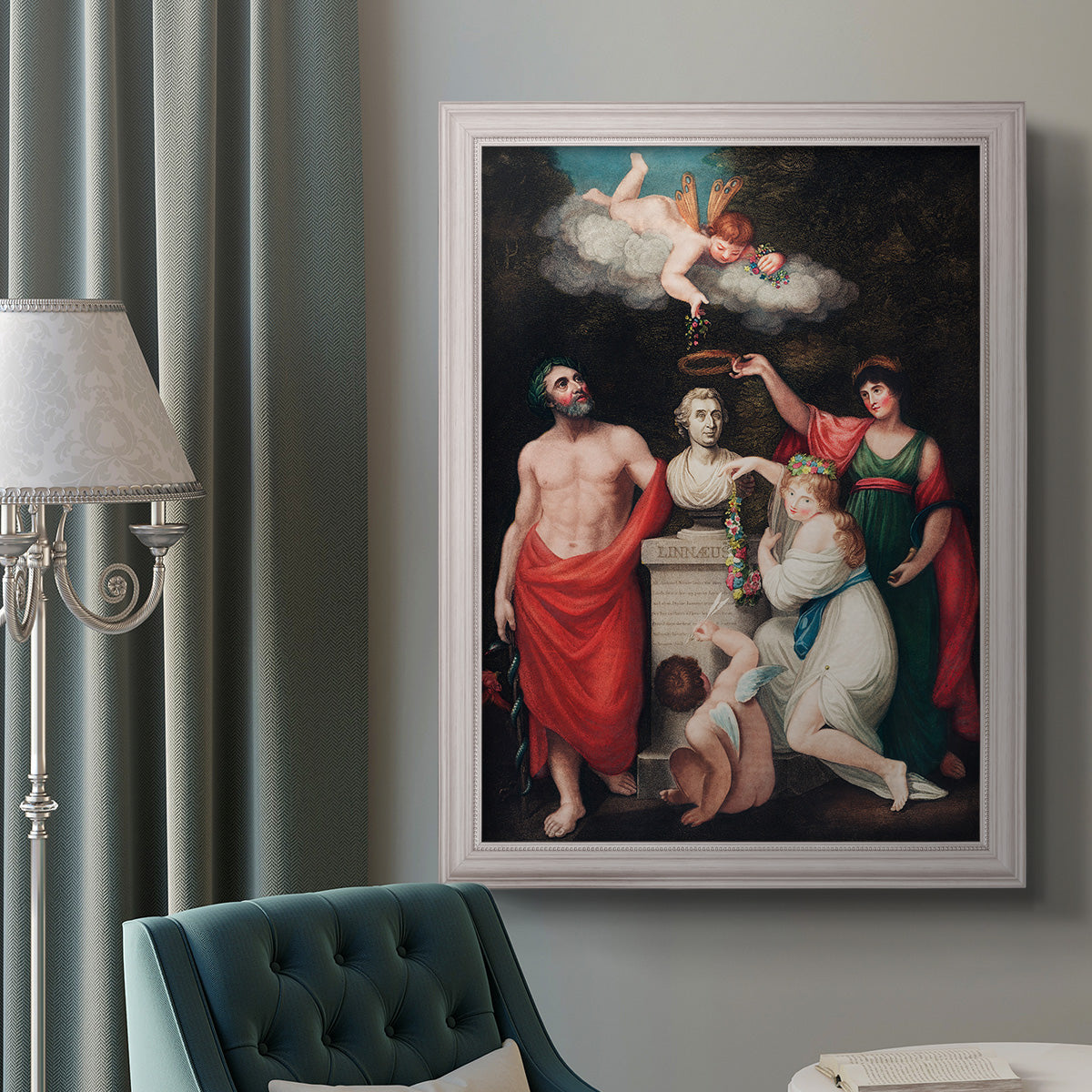 Classical allegorical painting honoring Linnaeus by Robert John Thornton in an ornate weathered white frame displayed in a neutral interior setting.