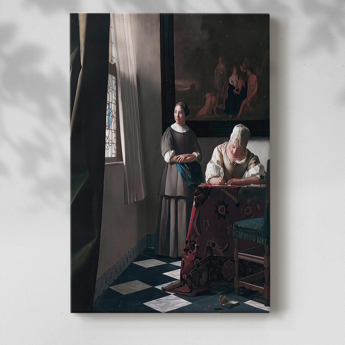 Canvas art print of a refined scene with figures and soft window light with a soft shadow on a white background.