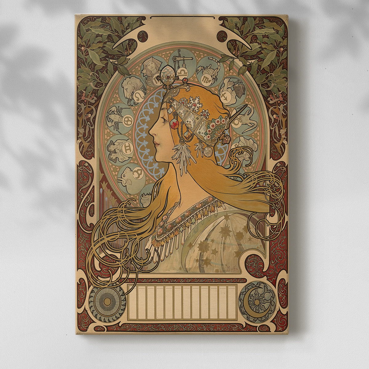 Canvas art print of a stylized female figure framed by astrological motifs with a soft shadow on a white background.