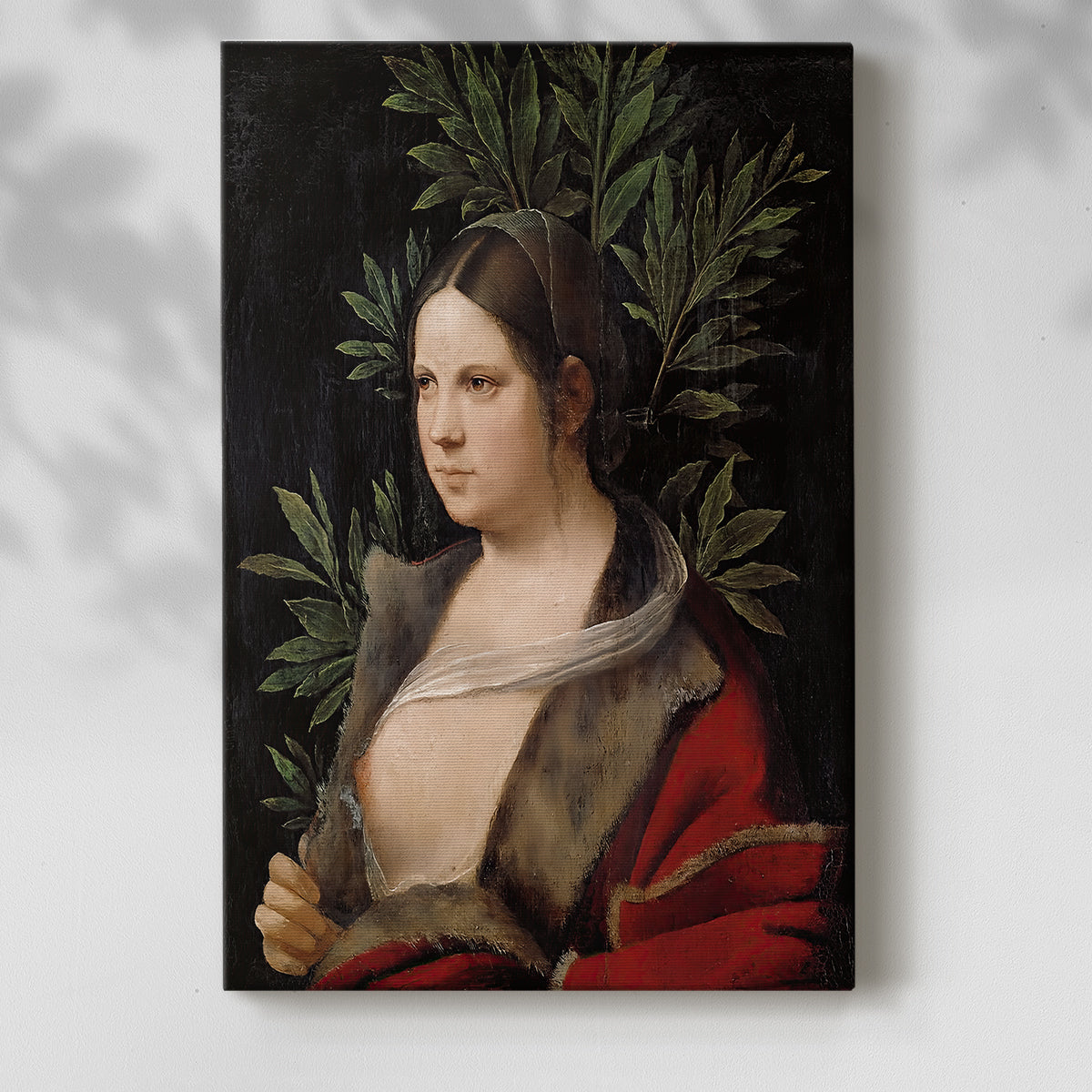 Canvas art print of a refined female figure with smooth shading and calm expression with a soft shadow on a white background.