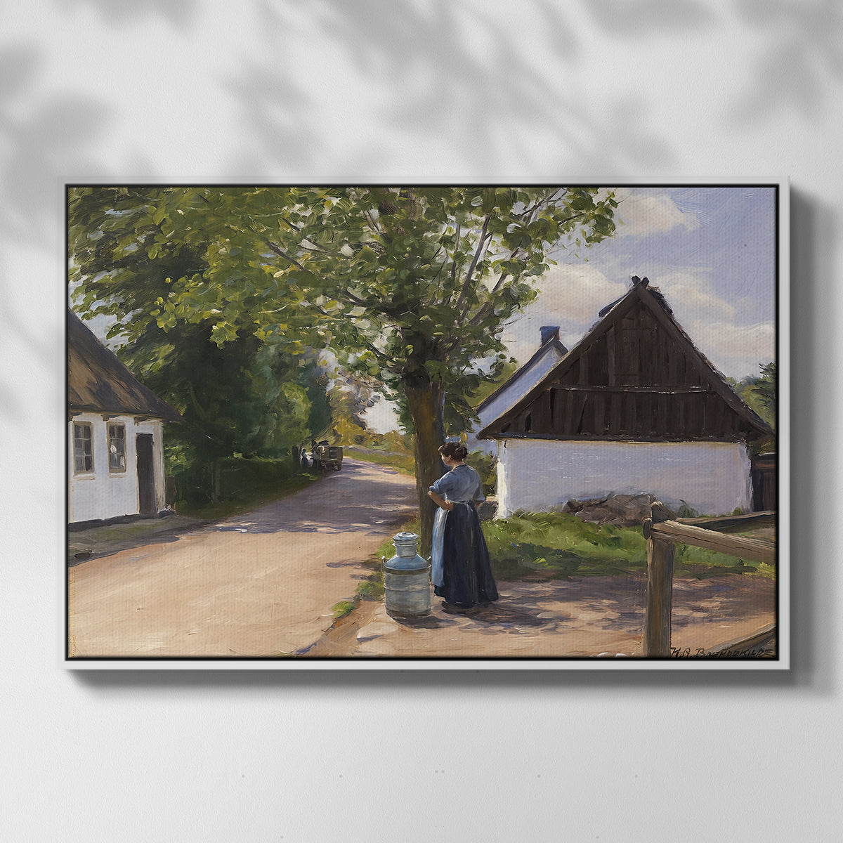 Danish Village Street with Woman and Milkman, 1880 - Floater Framed Canvas Print