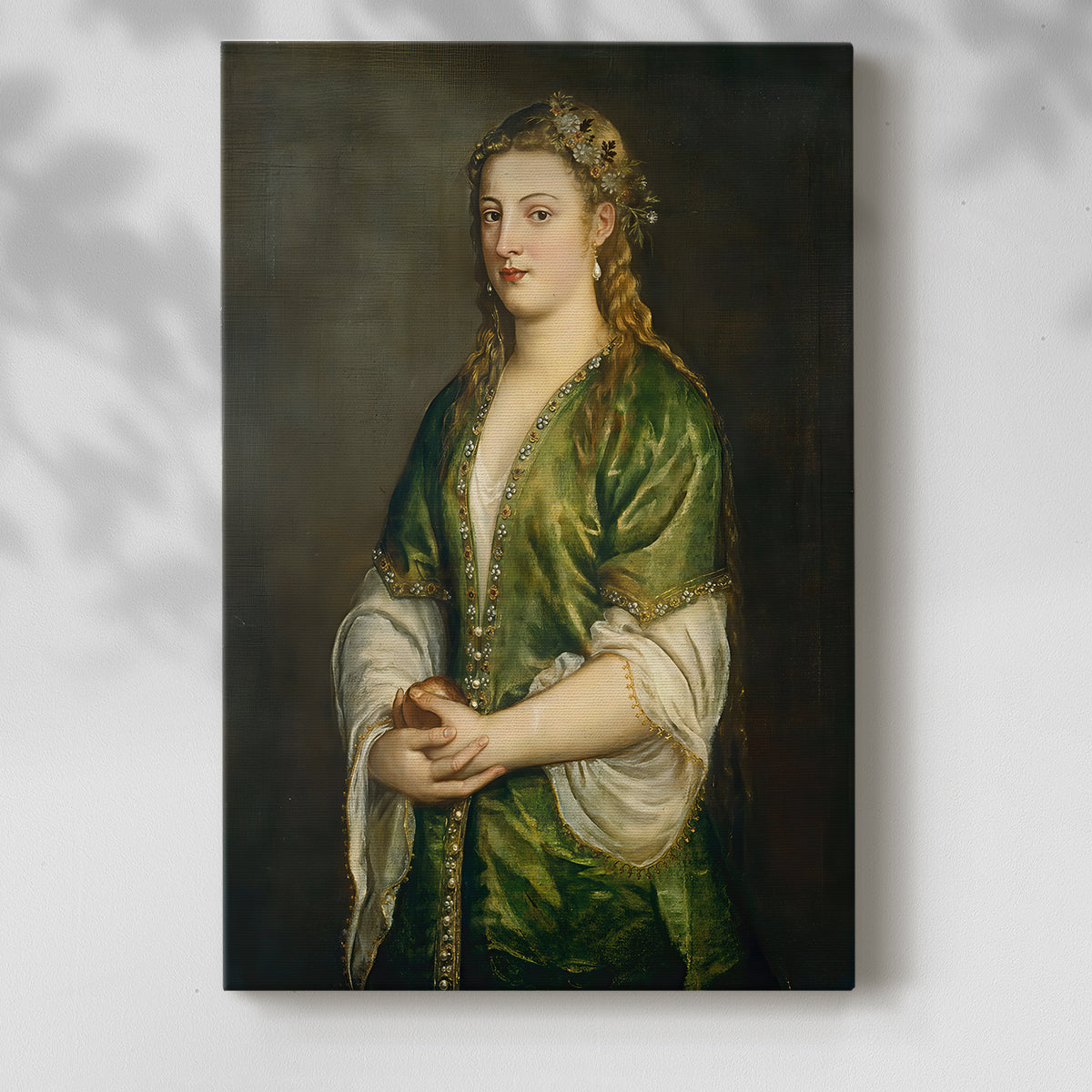 Canvas art print of a refined figure with symbolic object and gentle shading with a soft shadow on a white background.