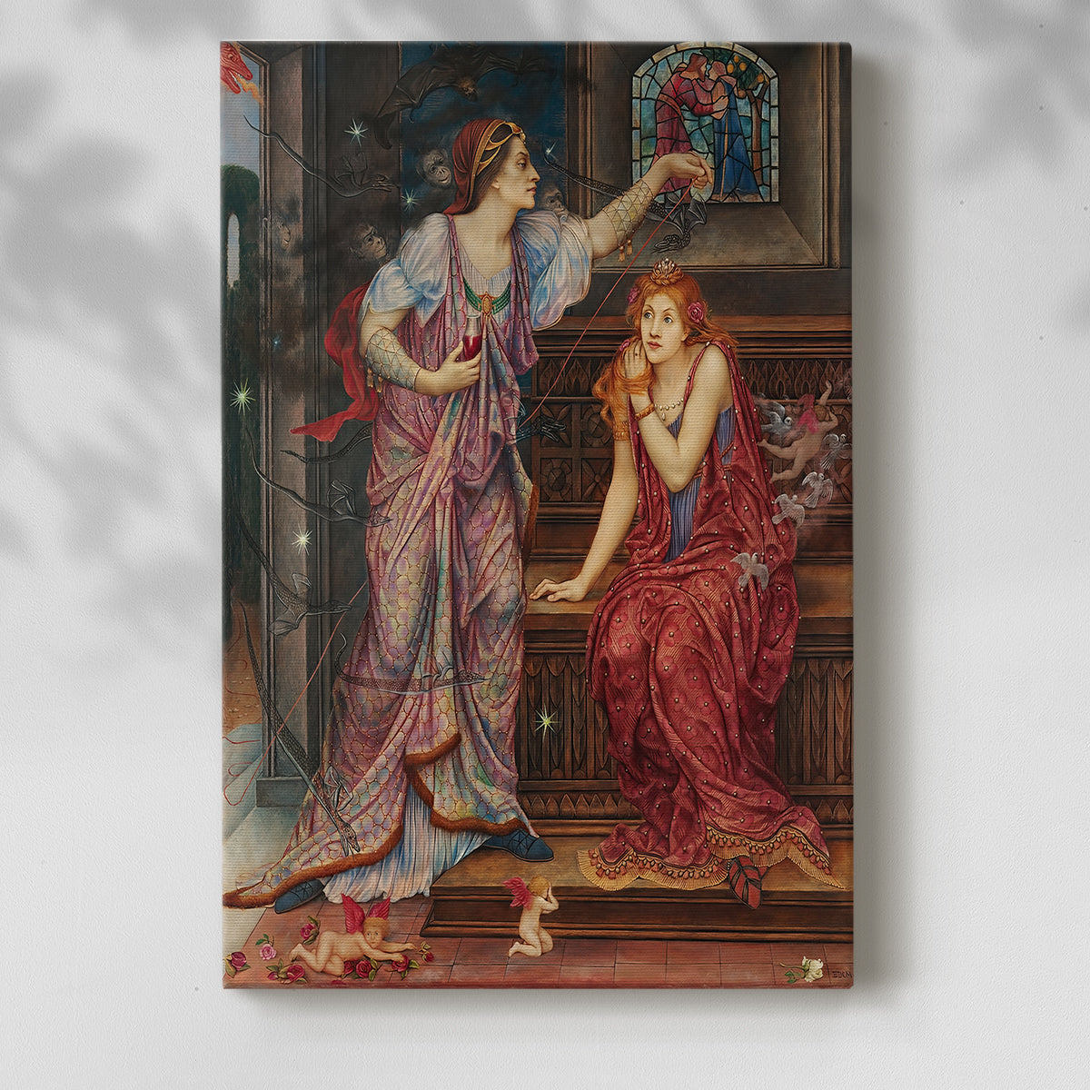 Canvas art print of a narrative composition with figures in ornate historical dress with a soft shadow on a white background.