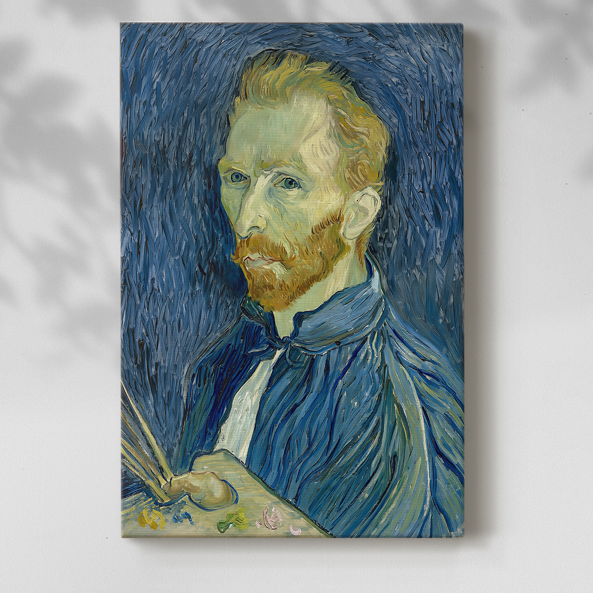 Canvas art print of a textured figure with swirling strokes and vivid tones with a soft shadow on a white background.