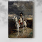 Canvas art print of a solitary rider in a cold, subdued outdoor setting with a soft shadow on a white background.