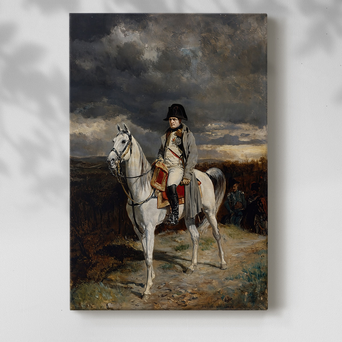 Canvas art print of a solitary rider in a cold, subdued outdoor setting with a soft shadow on a white background.