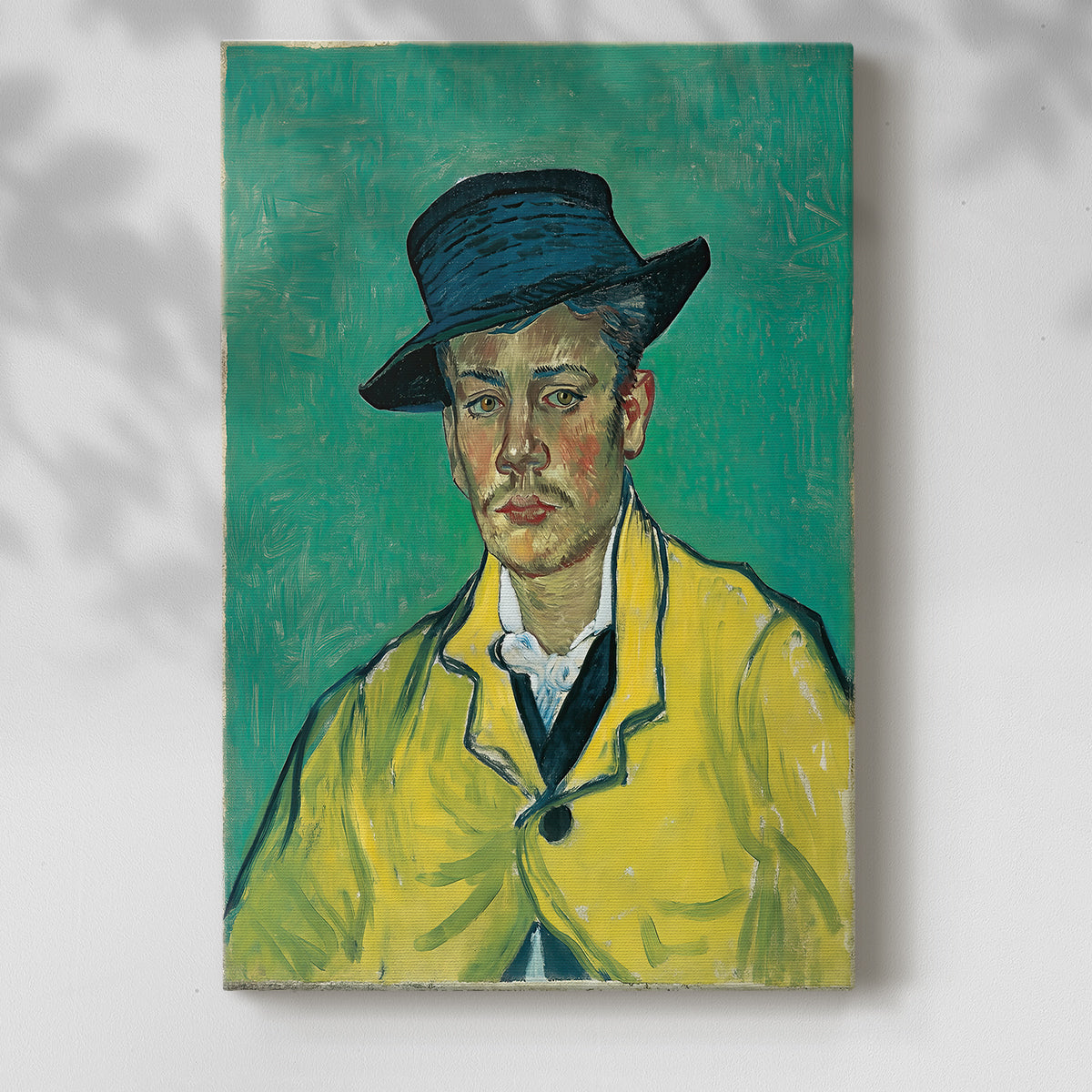 Canvas art print of a stylized figure with textured strokes and strong tones with a soft shadow on a white background.