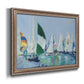 Coastal harbor watercolor painting printed on canvas in an ornate traditional silver frame.