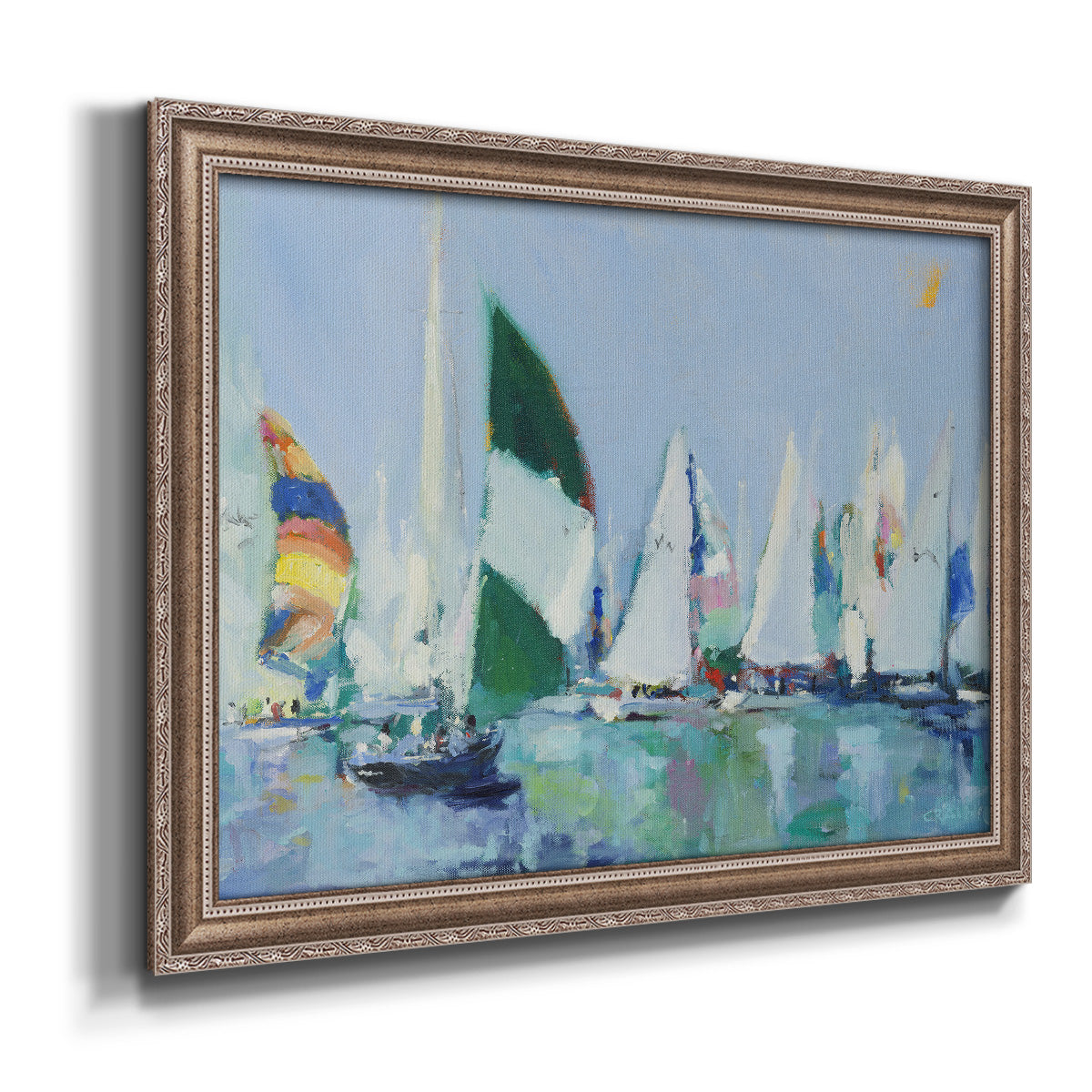 Coastal harbor watercolor painting printed on canvas in an ornate traditional silver frame.