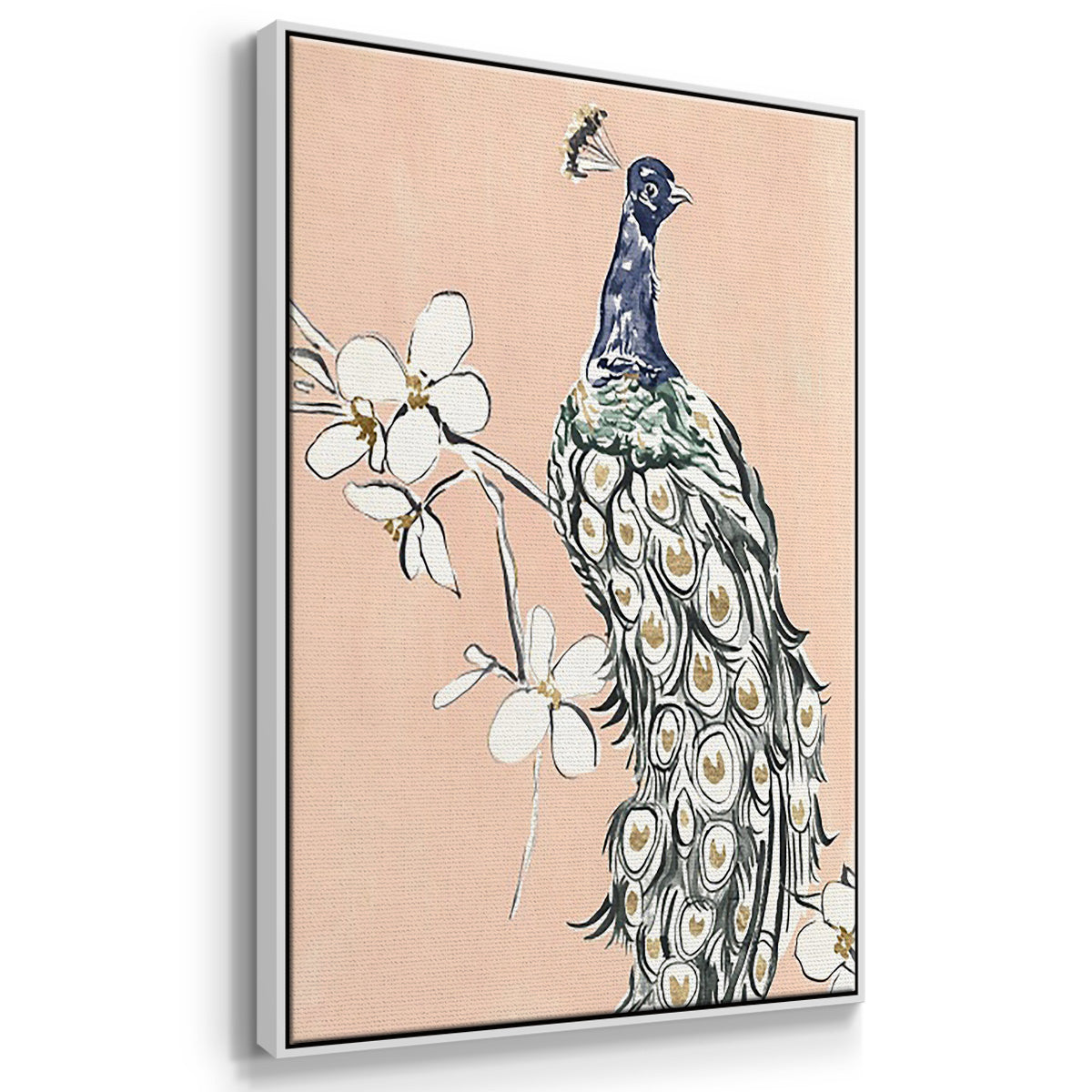 Peacock in Gold I - Framed Premium Gallery Wrapped Canvas L Frame 3 Piece Set - Ready to Hang