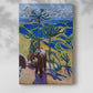 Canvas art print of a stylized wildlife scene with a rhino in a colorful natural setting with a soft shadow on a white background.