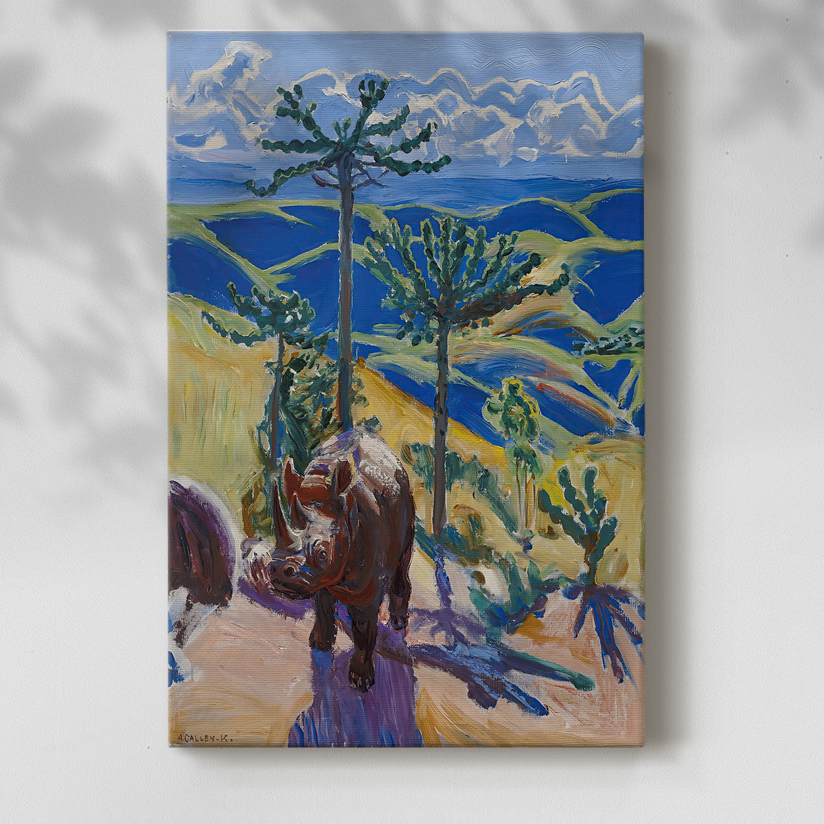 Canvas art print of a stylized wildlife scene with a rhino in a colorful natural setting with a soft shadow on a white background.