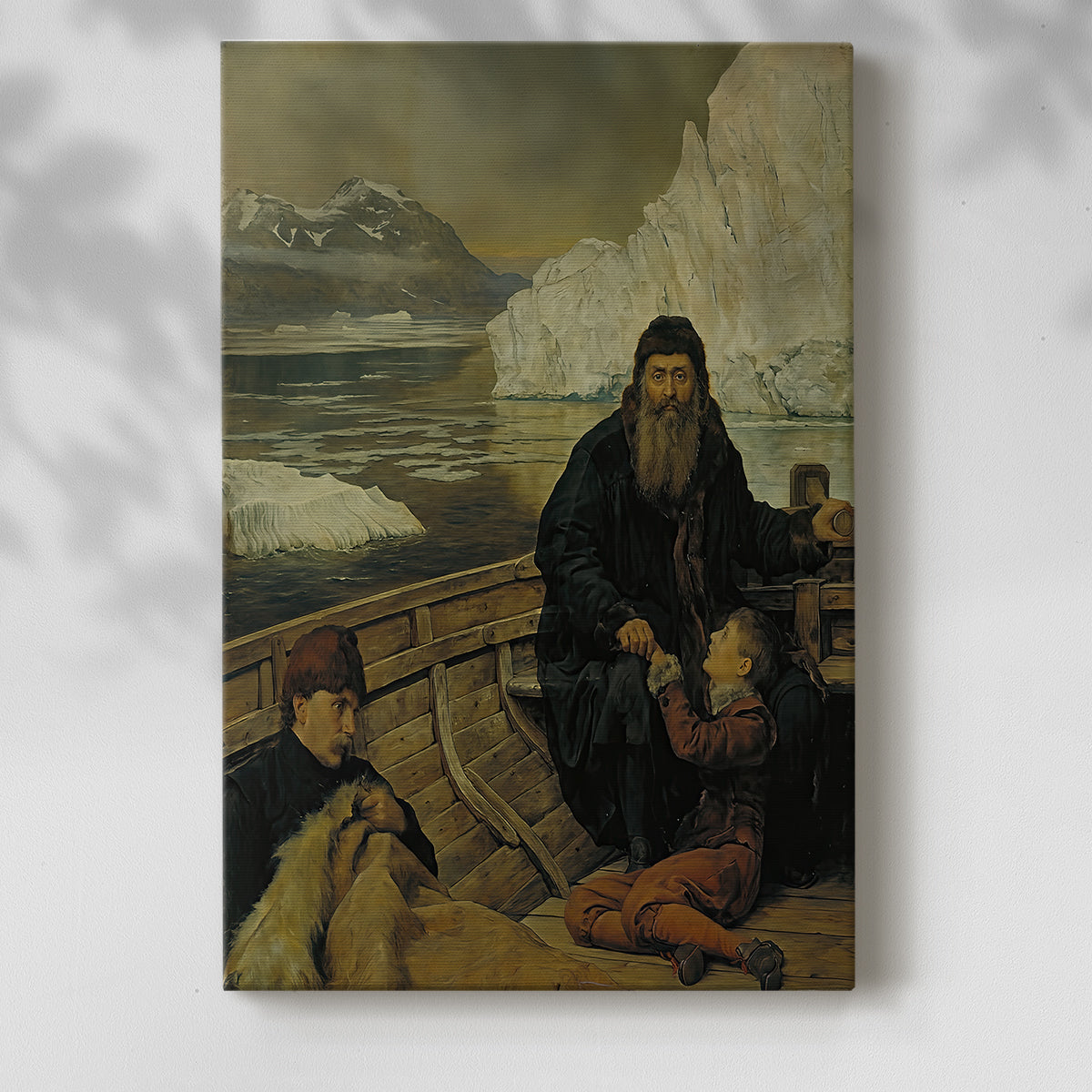 Canvas art print of a dramatic composition with figures and open water with a soft shadow on a white background.