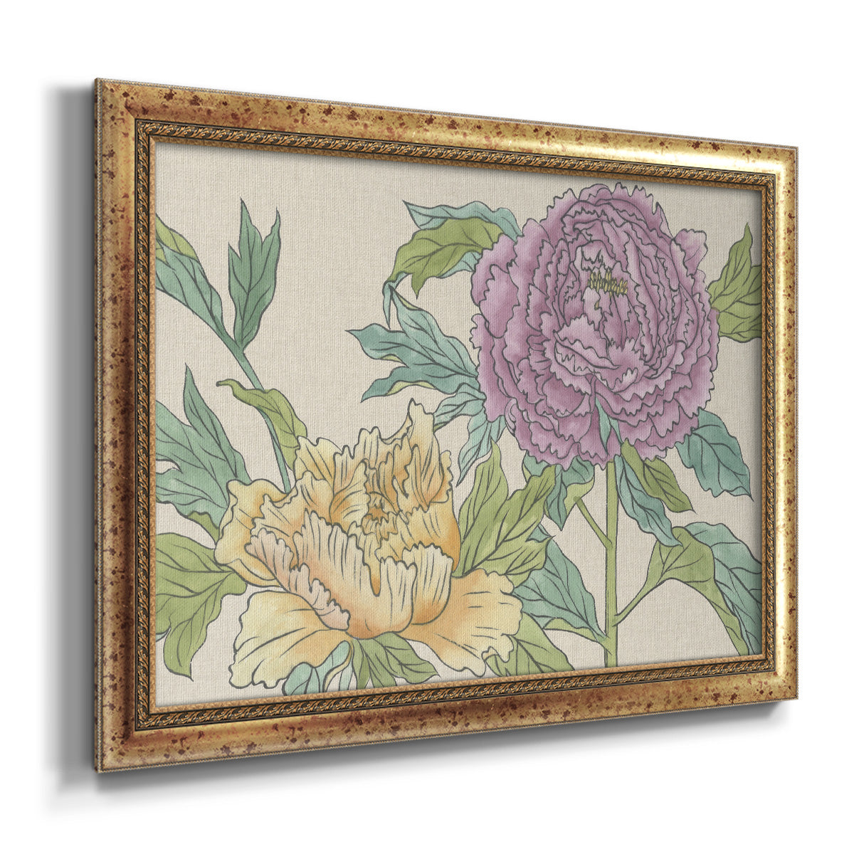 Contemporary peony flower illustration printed on canvas in an ornate vintage gold frame.